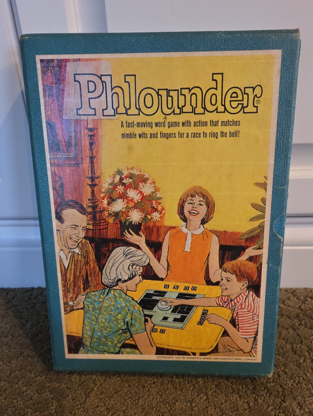 Vintage PHLOUNDER Bookshelf Board Game COMPLETE 3M 1962 Words Tiles Bell Score